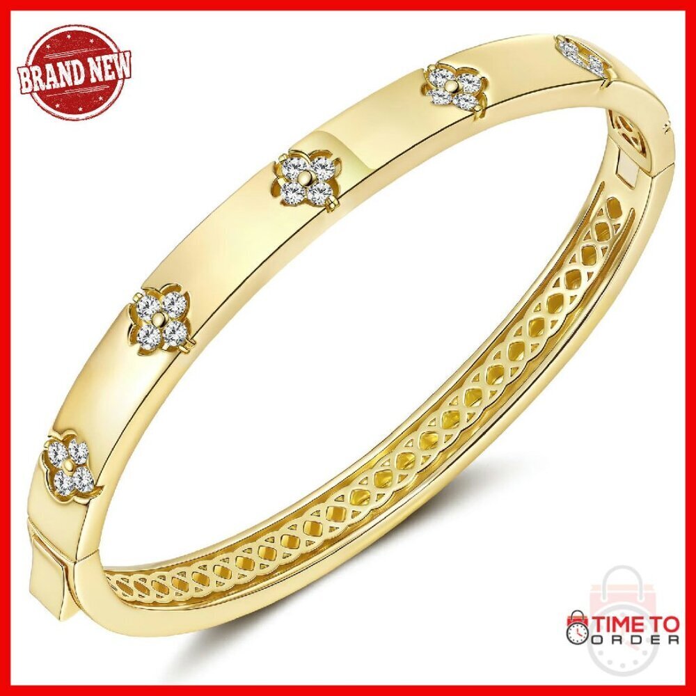 14K Gold Plated Moissanite Four Leaf Clover Bracelet D Color VVS1 Stones